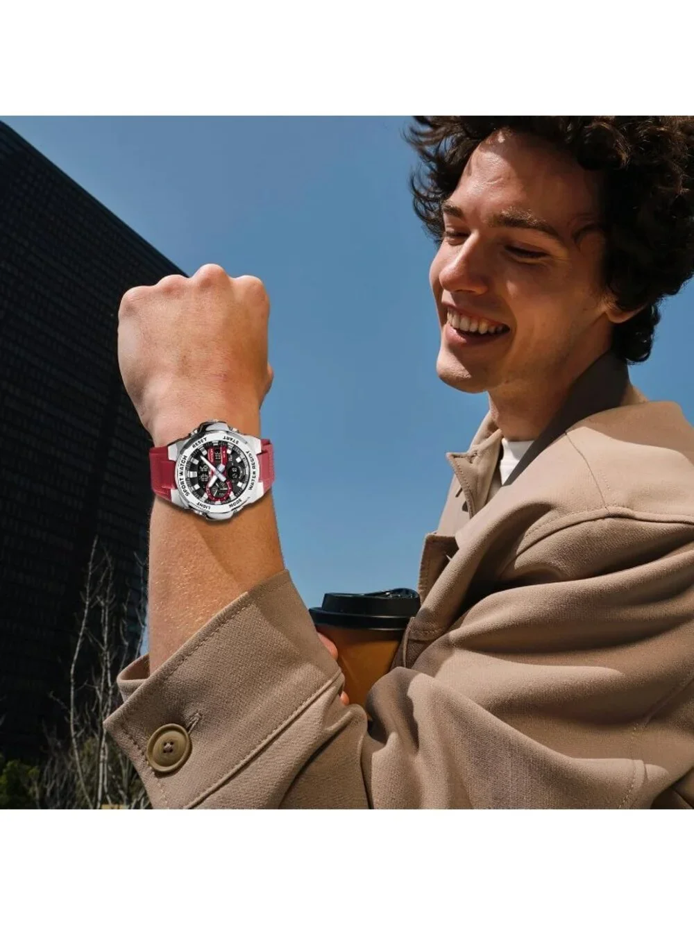 Men's Red Silver Analog Quartz Electronic Military Multifunction Digital Watch